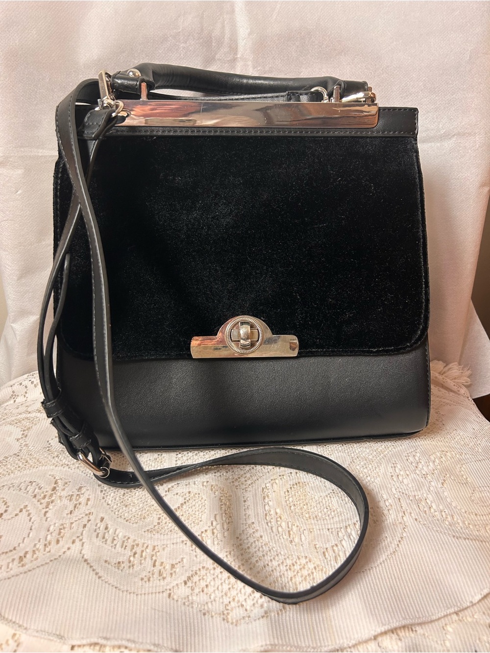 Catherine Malandrino Black Velvet & Leather Shoulder Bag with Silver Hardware